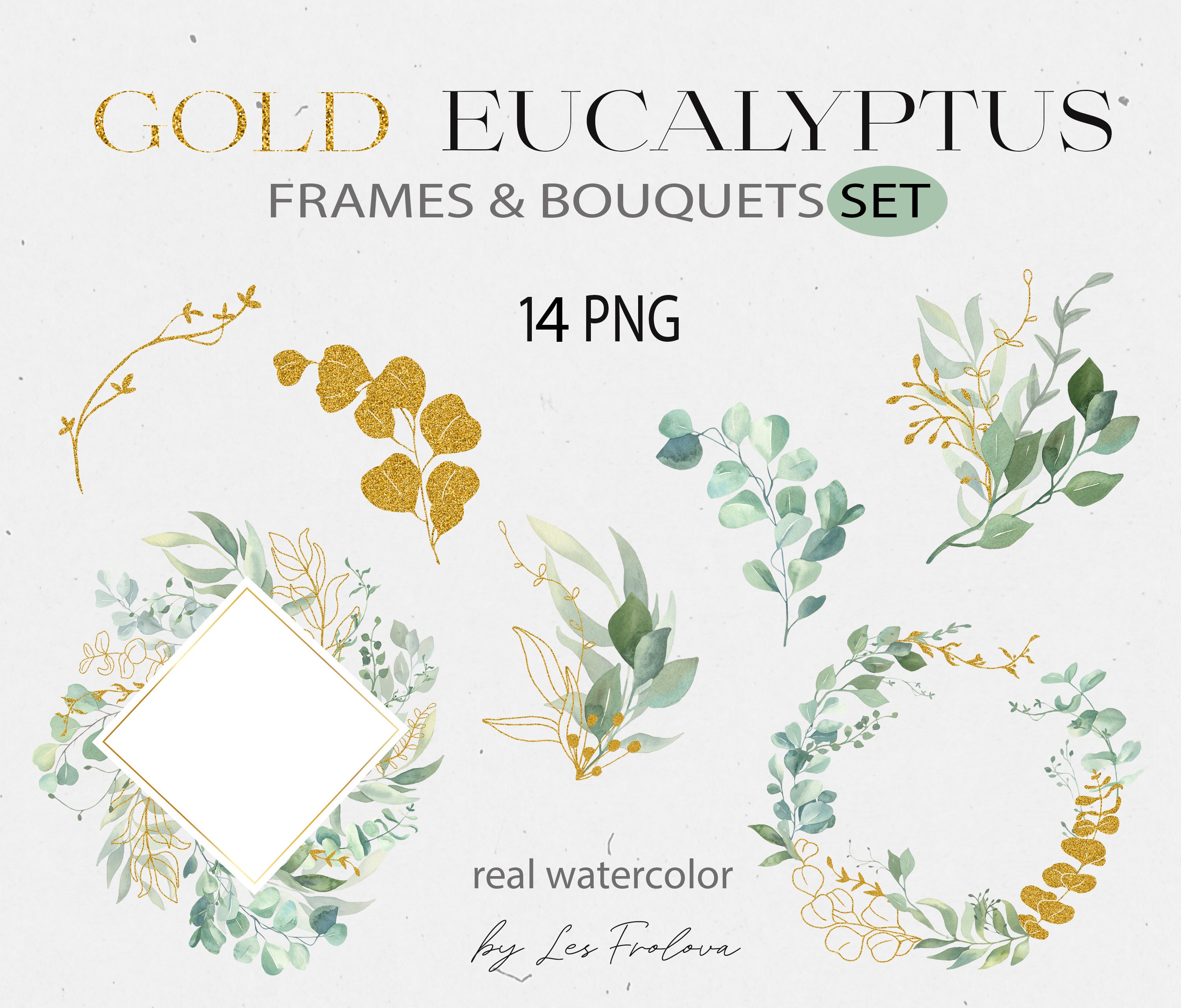 Watercolor Eucalyptus Bouquet, Gold Leaves Wreath Clipart, Greenery ...