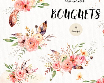 Watercolor Floral Bouquets Clipart,Individual PNG File, Wedding Floral Bouquet, Tribal Roses Arrangement