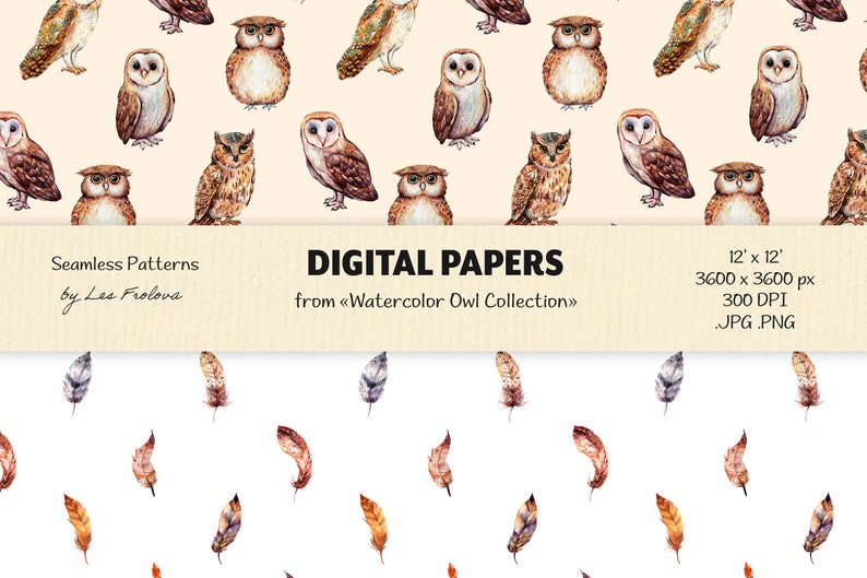 Owl Digital Papers , Seamless Patterns, Watercolor Owls Paper Set - Etsy