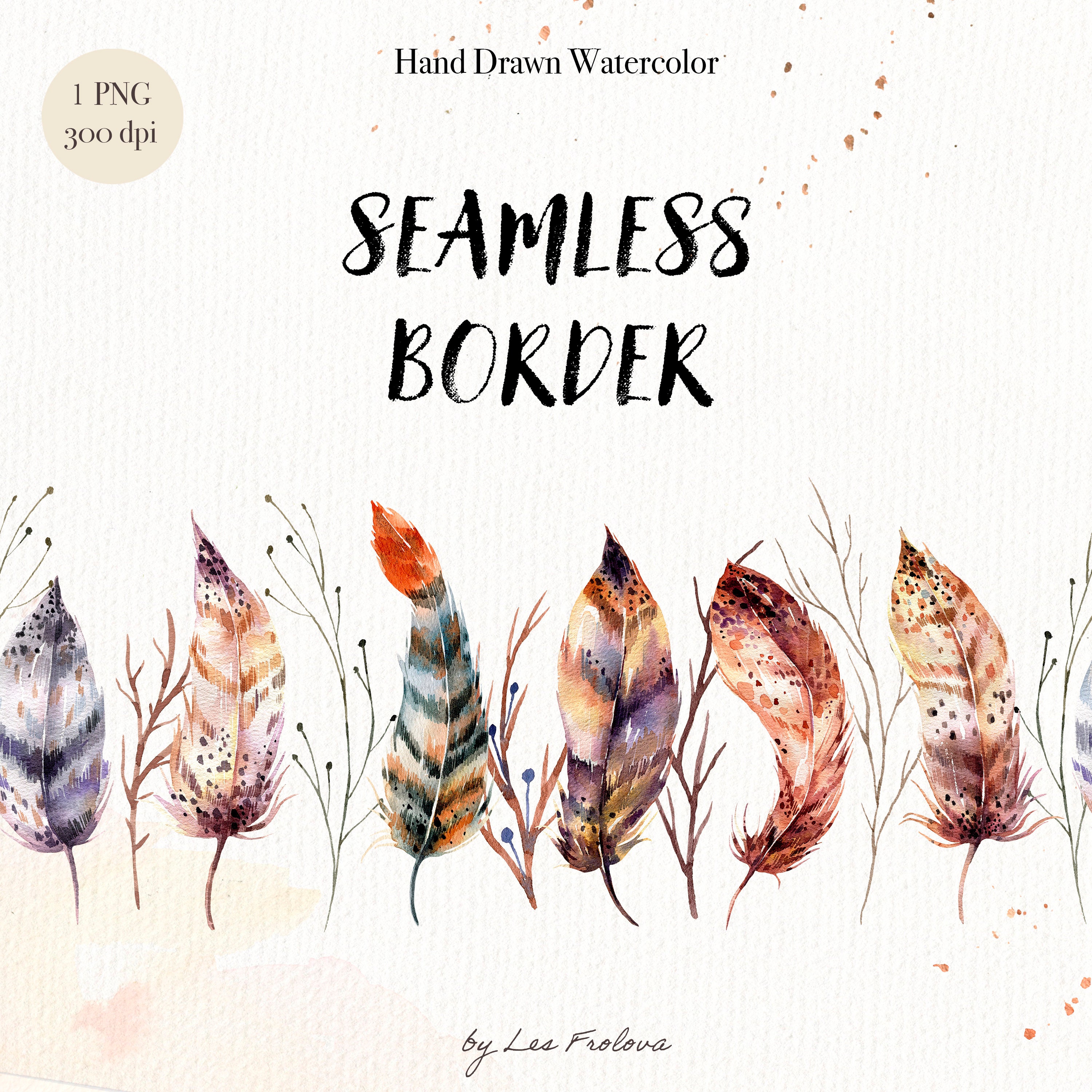 Watercolor Feathers Seamless Border Clipart,Individual PNG File, Tribal Graphics Image Frame, Watercolor Feather Border