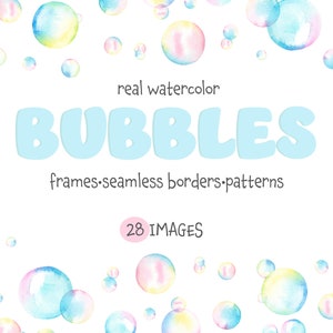 Colección de imágenes prediseñadas de burbujas de acuarela, marco PNG, borde sin costuras de burbujas, coronas de baby shower de burbujas
