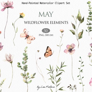 Watercolor Floral Cliparts, Watercolor Wild Flowers and Leaves, Summer Meadow Field Flowers PNG Digital Download