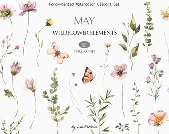 Cliparts florales de acuarela, flores y hojas silvestres de acuarela, flores de campo de pradera de verano PNG Descarga digital