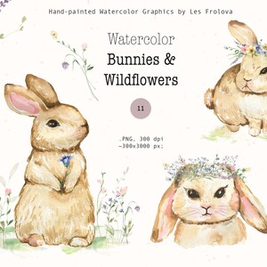 Watercolor Bunnies Clipart, Nursery Bunny Clipart, Easter Bunny Flower Clipart, Instant PNG Digital Download