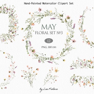 Set di clipart floreali ad acquerello. Clipart di cornici floreali di fiori di campo, ghirlande, mazzi di fiori. PNG di clipart di fiori d’estate di prato