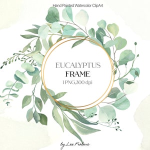 Eucalyptus & gouden krans cirkel clipart, groen frame, bladeren krans clipart, eucalyptus frame PNG digitale download