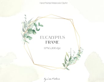 Watercolor Eucalyptus Frame Clipart, Greenery Leaves Frame, Digital Greenery Garland, Wedding Eucalyptus PNG, Gold Frame