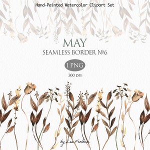 Fleurs sauvages bordure transparente Clipart, bordure florale d'été, marron Floral séché aquarelle Clipart numérique en téléchargement PNG