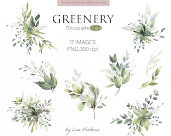 Aquarel groen boeketten clipart, groen gebladerte illustraties, bladeren arrangement clipart, bruiloft uitnodiging PNG digitale download