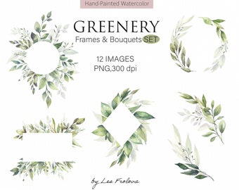 May include: Watercolor greenery set featuring various frames and bouquets. The set includes a circular frame, a rectangular frame, and diamond-shaped frames, all adorned with green and white leaves. The text reads "GREENERY Frames & Bouquets SET" and "12 IMAGES PNG, 300 dpi".
