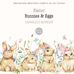 Clipart di bordo senza soluzione di continuità del coniglietto di Pasqua, Clipart di acquerello floreale di Pasqua, Download digitale di PNG del coniglietto