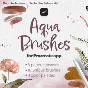 Op de afbeelding: Een digitale illustratie van aquarelpenselen voor de Procreate-app. De afbeelding toont een verscheidenheid aan penseelstreken, waaronder een vlinder, bloemen en bladeren. De tekst "Aqua Brushes for Procreate app" wordt in het midden van de afbeelding weergegeven. De tekst "6 papieren doeken, 18 unieke penselen, 8 kleurenpaletten" wordt onder de titel weergegeven.