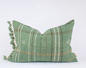 Small Lumbar Sage Green Throw Pillow Cover handmade with Handspun Indian Wool : JADE MEERA