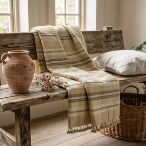 Beige Tan Indian Wool Throw Blanket, Handwoven Sofa Coverlet with Calm Neutral Bed Layer - OPAL