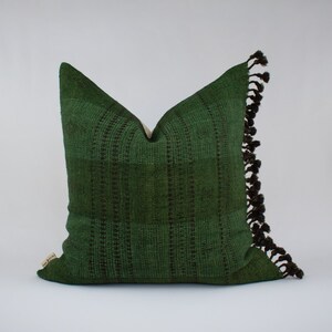 May include: A green and brown patterned throw pillow with black tassels. The pillow is made of a woven fabric and has a square shape.