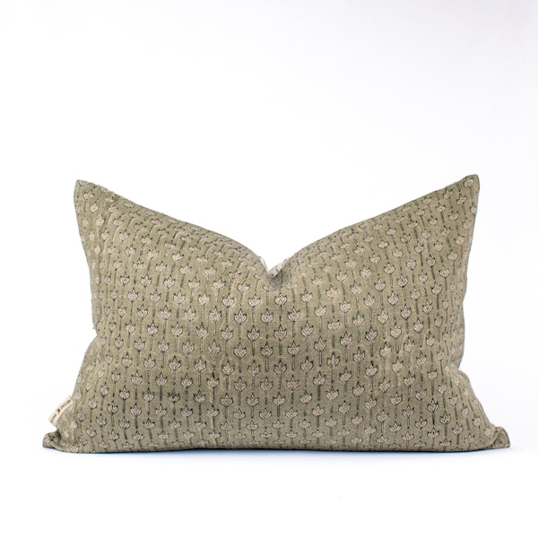 Sage Green Leaf Pattern Hand Block Print on Linen Pillow Cover with Kala Cotton Backing : ANANDI FERN