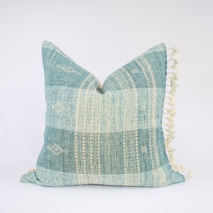 Authentic Indian Hand-Loomed Wool Blue Throw Pillow Cover with Motifs and Tassels : IRIS AADYA
