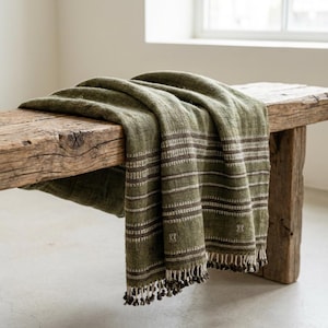 Olive Green Striped Indian Wool Throw Blanket, Handwoven Sofa Coverlet with Bed Accent - GARNET