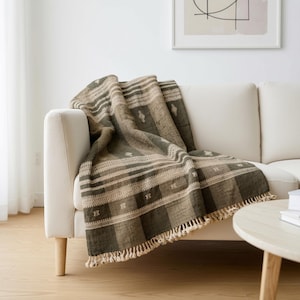 Olive Brown Indian Wool Throw Blanket, Handwoven Sofa Coverlet with Organic Bedroom Accent - ZARA