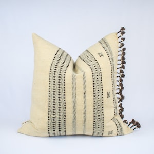 Neutral Beige with Charcoal Stripes & Tassels in Handmade Indian Wool Pillow Cover : VAJRA MAYA