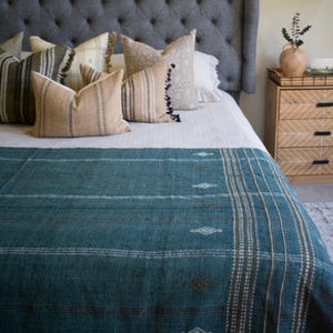 Vintage Wool Blanket, Teal Indian Coverlet, Sofa Throw, Blue Couch Cover, Bed Runner, Blue Woolen Bedspread, Housewarming Gift - LAPIS