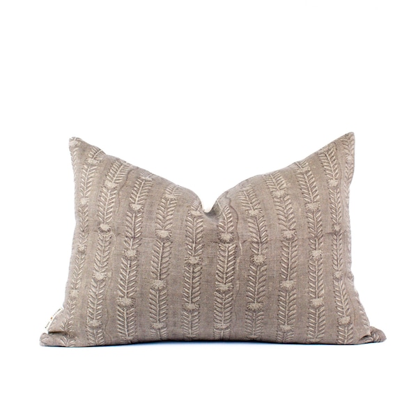 BELA - SLATE : Dual-Sided Rustic Brown Hand Block Leaf Climber Prints on Natural Linen Pillow Covers