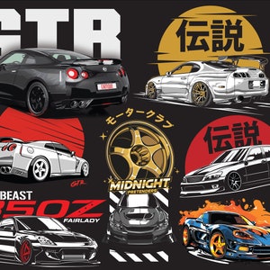 May include: A collection of illustrations featuring various sports cars, including a black Nissan Skyline GT-R, a white Toyota Supra, a white Nissan Skyline GT-R, a black Lexus IS, a black Nissan 350Z, a blue Chevrolet Corvette, and a gold rim with the text "Motor Club".