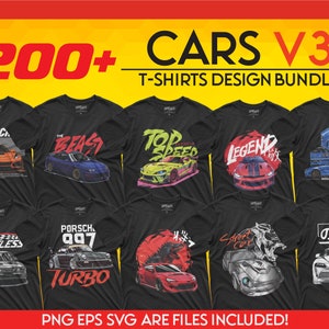 200 Car Designs V3-bundel: streetwear T-shirtgraphics (PNG, EPS, SVG)