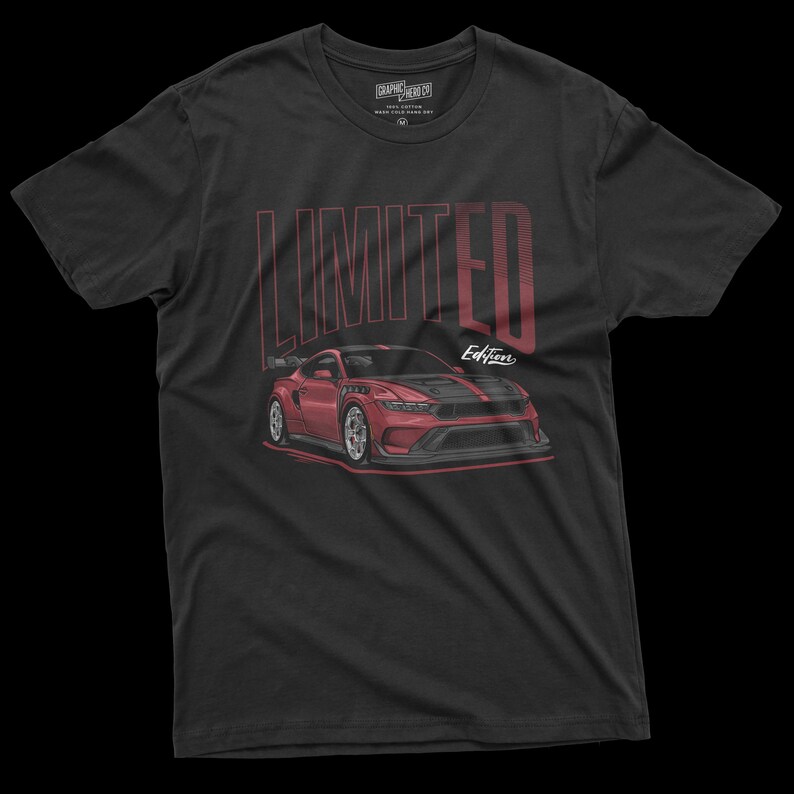 May include: Black t-shirt featuring a red sports car illustration with the text "LIMITED Edition" in a vertical font. The shirt has a crew neck and short sleeves. The graphic is detailed, showcasing the car's design.