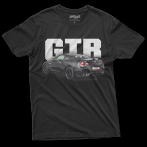 May include: Black t-shirt with a white "GTR" graphic and a black Nissan GTR car image.