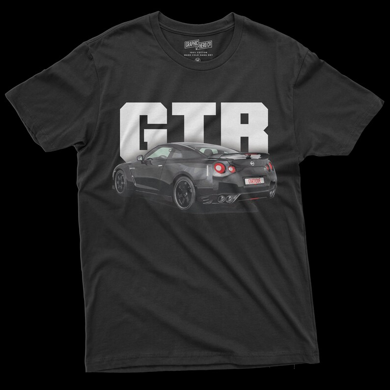 May include: Black t-shirt with a white "GTR" graphic and a black Nissan GTR car image.