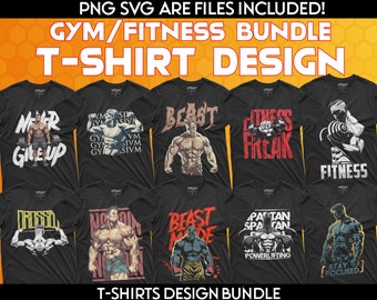 50 Gym/Fitness T-shirt design Bundle, Streetwear Designs, Graphics shirt , DTF, DTG, Transparent PNG Files, Svg