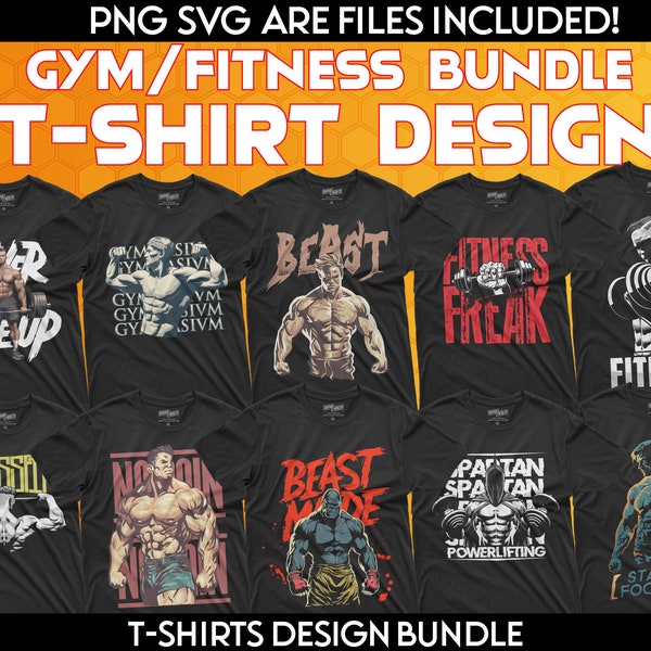 50 Gym/Fitness T-shirt design Bundle, Streetwear Designs, Graphics shirt , DTF, DTG, Transparent PNG Files, Svg