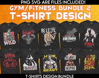 50 Gym/Fitness T-shirt design Bundle V2, Streetwear Designs, Graphics shirt , DTF, DTG, Transparent PNG Files, Svg