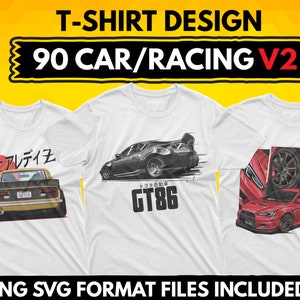 90 T-shirtontwerpen voor sportwagenraces: png-SVG-bundel (digitale download)