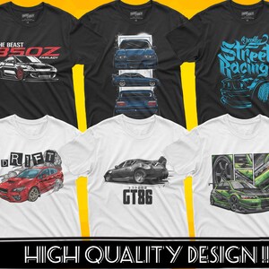 May include: Five different t-shirt designs featuring various car illustrations. The designs include "The Beast 350Z Fairlady", "Drift", "GT86", "Street Racing", and a collage of car parts. The shirts are all white or black.