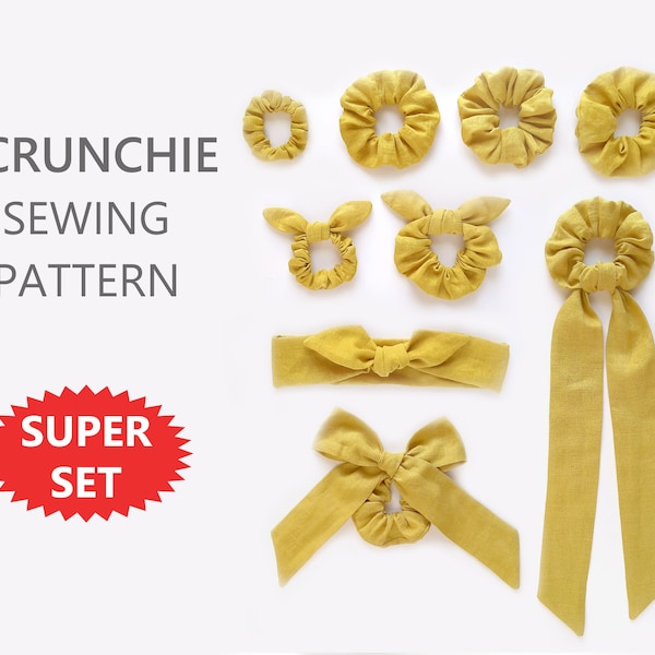 Scrunchie Sewing Pattern PDF - Knot Bow Scrunchie Set - Fluffy Scrunchie - Ponytail Scarf Scrunchie