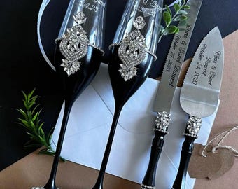 Personalized Wedding Champagne Flute and Cake Server Set, Bohemian Crystal Glasses