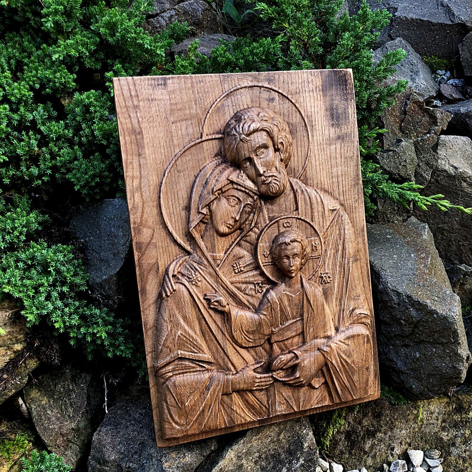 Holy Family Nativity Wood Carving Engraved Religious Icon Wall Artwork ...