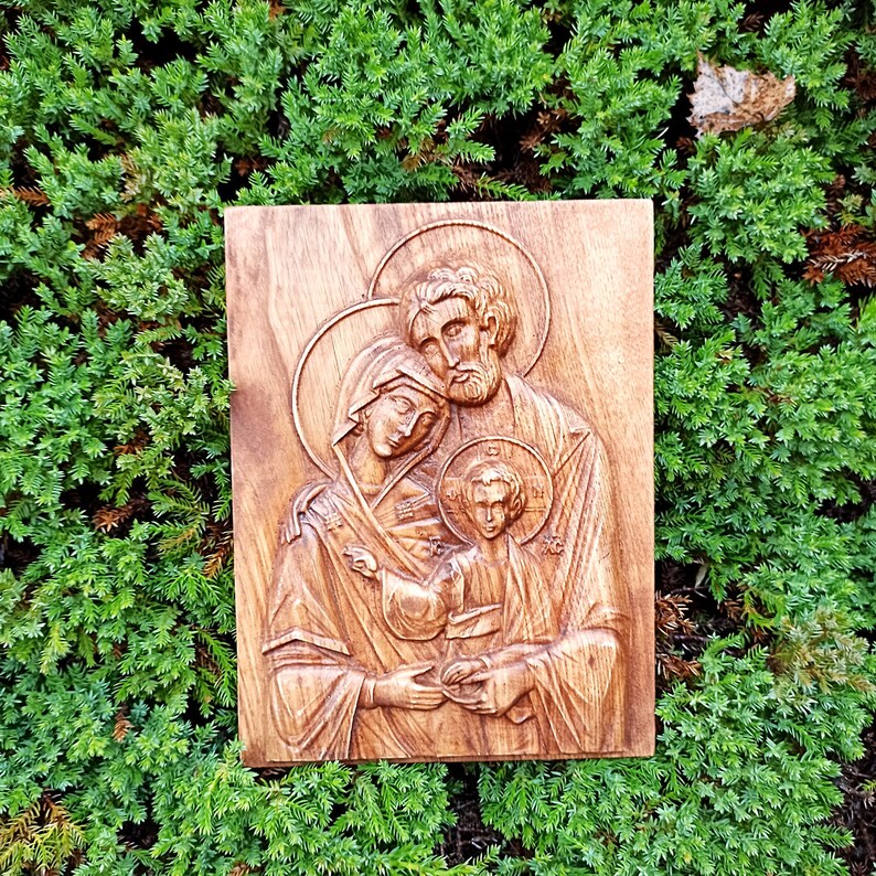 Holy Family Nativity Wood Carving Engraved Religious Icon Wall Artwork