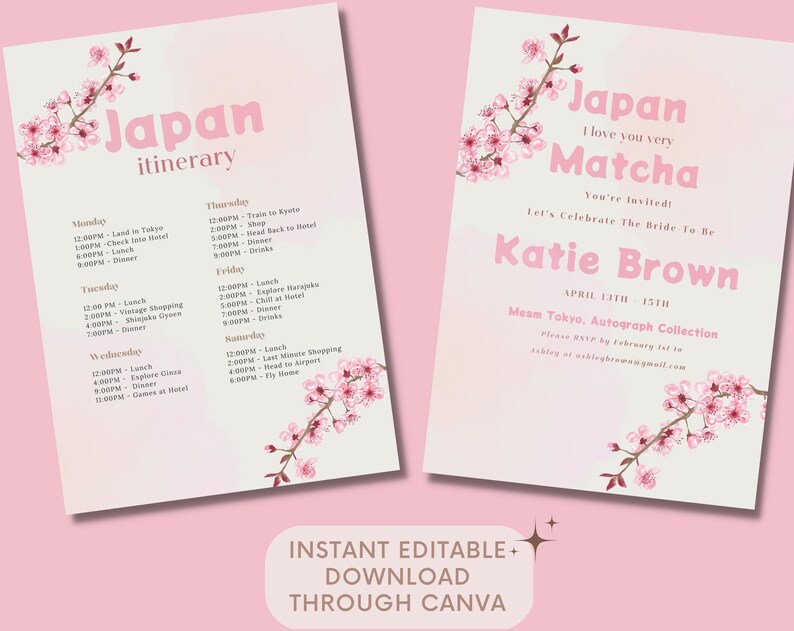 Japan Trip Bachelorette Party Itinerary Template Editable Birthday Invitation Tokyo Thailand Travel Itinerary Printable