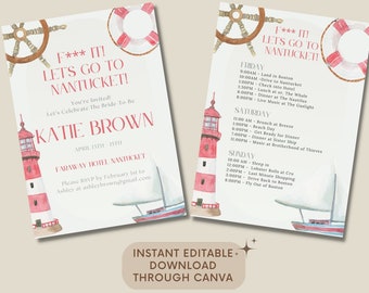 Nantucket Trip Bachelorette Party Itinerary Template, Editable Birthday Invitation Travel Itinerary Printable Download