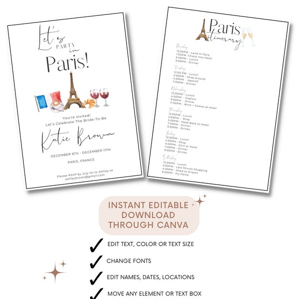 Paris Trip Bachelorette Party Itinerary Template, Editable Birthday Invitation Paris France, Wedding Shower Printable Download