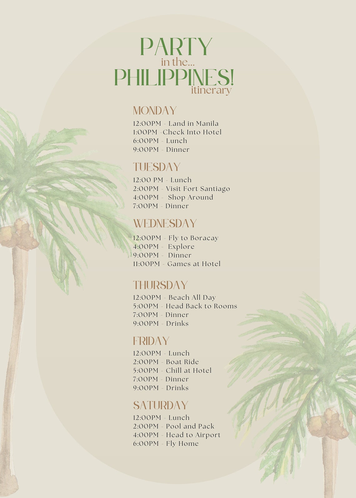 Philippines Trip Bachelorette Party Itinerary Template, Editable