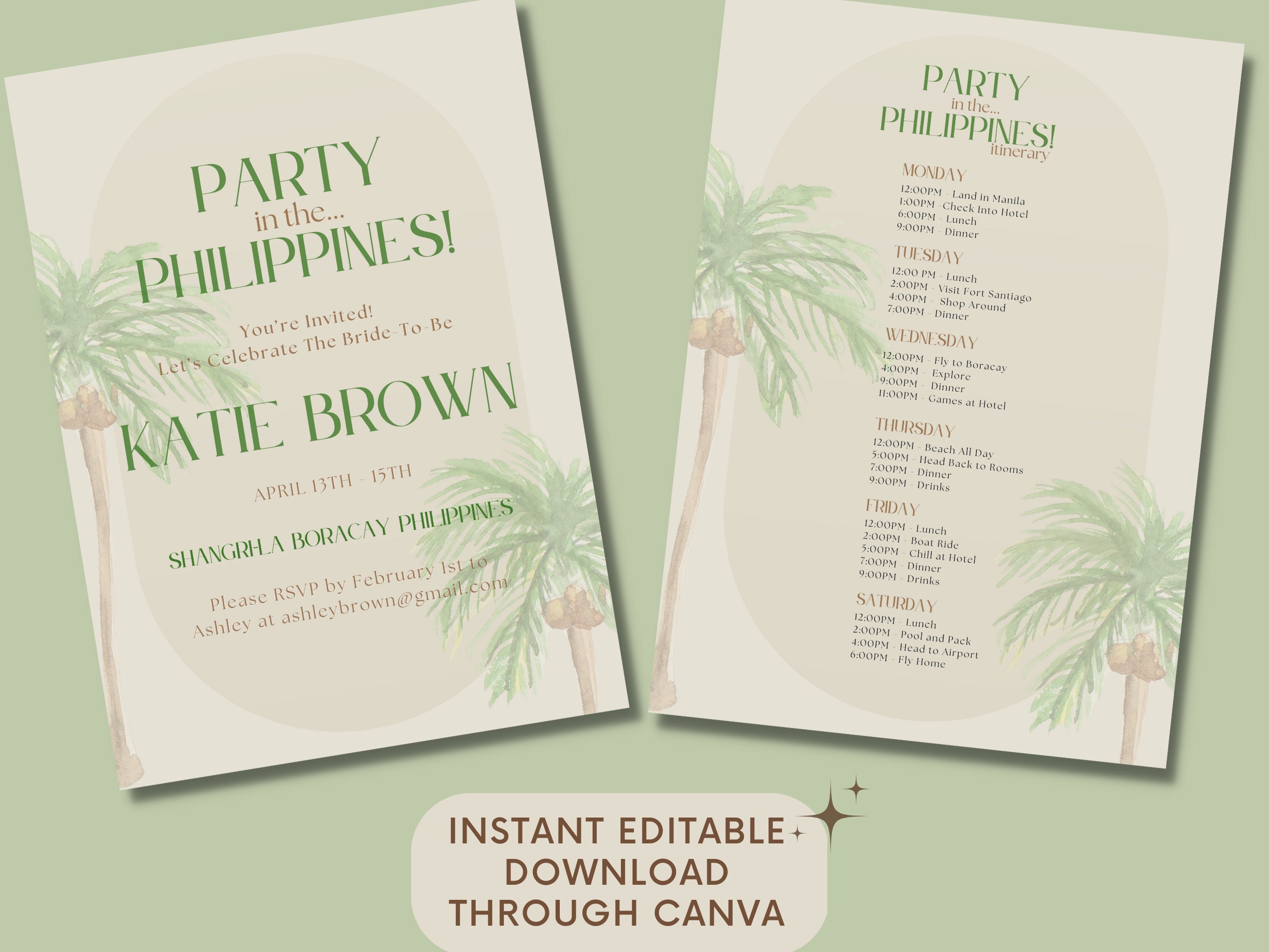 Philippines Trip Bachelorette Party Itinerary Template, Editable
