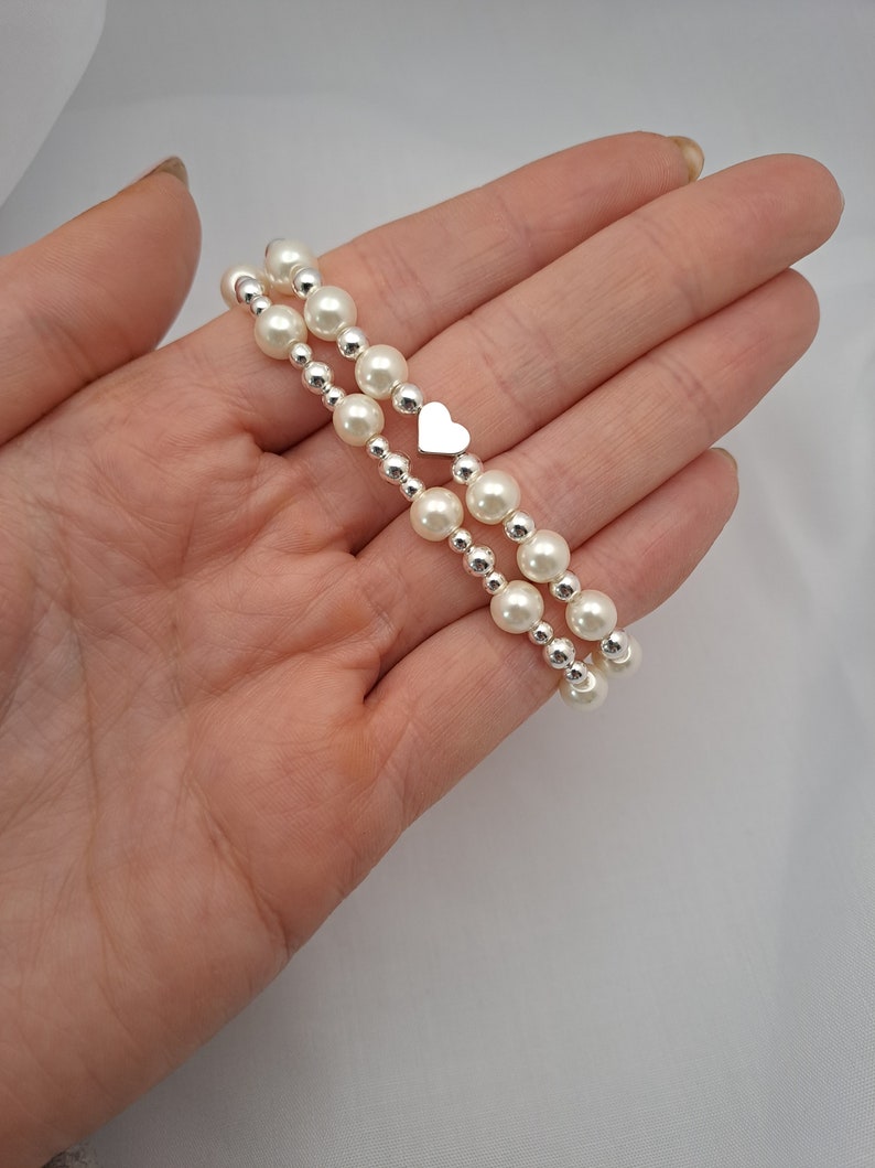 First Communion bracelet, Confirmation bracelet, Childrens bracelets, Flower Girl gift, Pearl and silver kids bead bracelet zdjęcie 5