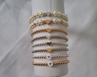 Beaded heart bracelet, gold bracelet with heart bead, silver bracelet with heart bead, pearls, stacking bracelets