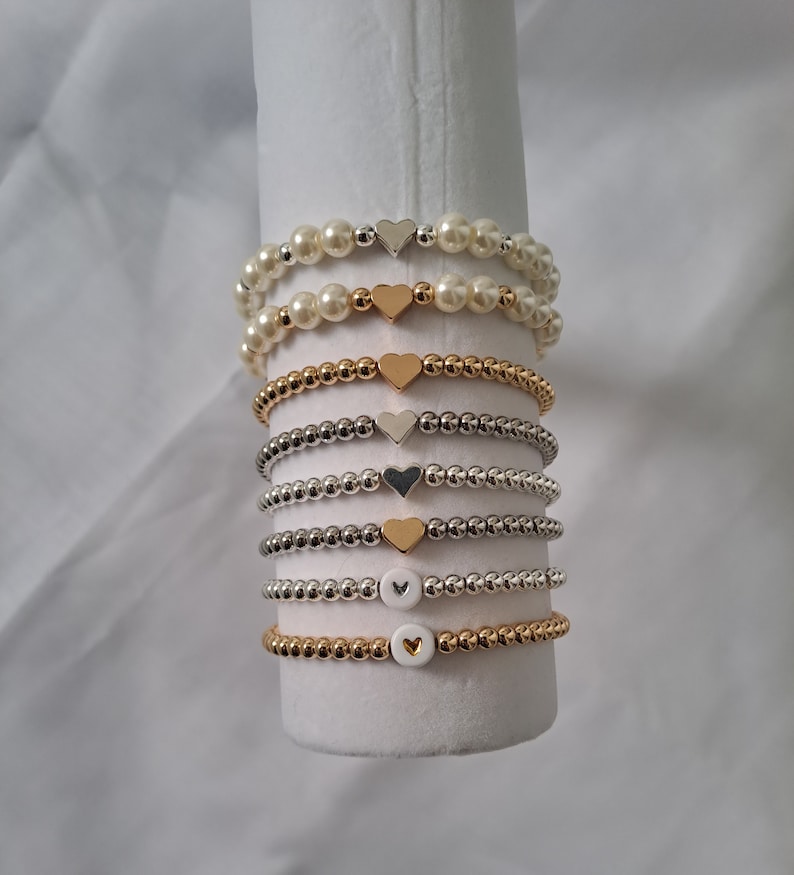 Beaded heart bracelet, gold bracelet with heart bead, silver bracelet with heart bead, pearls, stacking bracelets zdjęcie 1