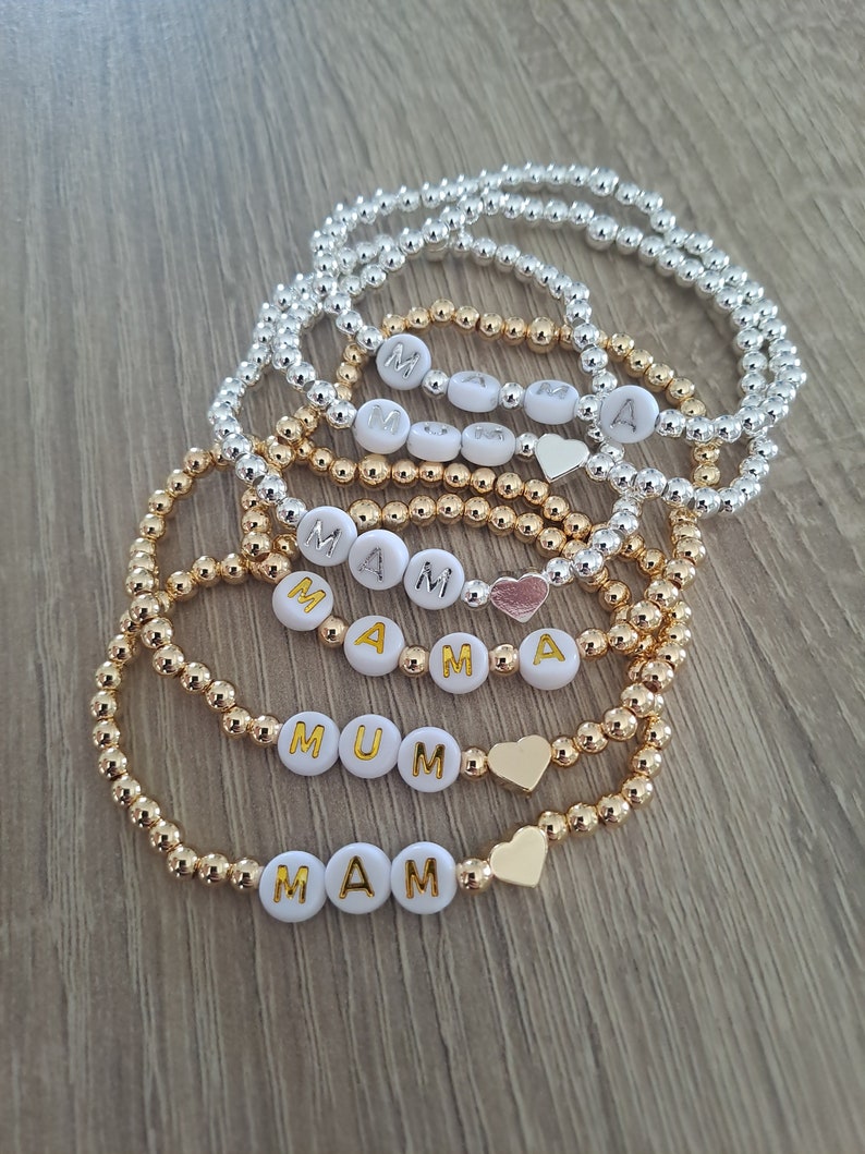 Mum/ Mama/ Mam Gold and Silver Plated Beaded Bracelet. New Mum/ Mum To Be Gift. Stacking MAMA Bracelet. zdjęcie 2