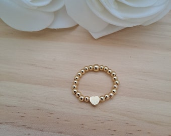 Mini heart bead ring, gold plated beaded ring, stretch ring, stacking ring